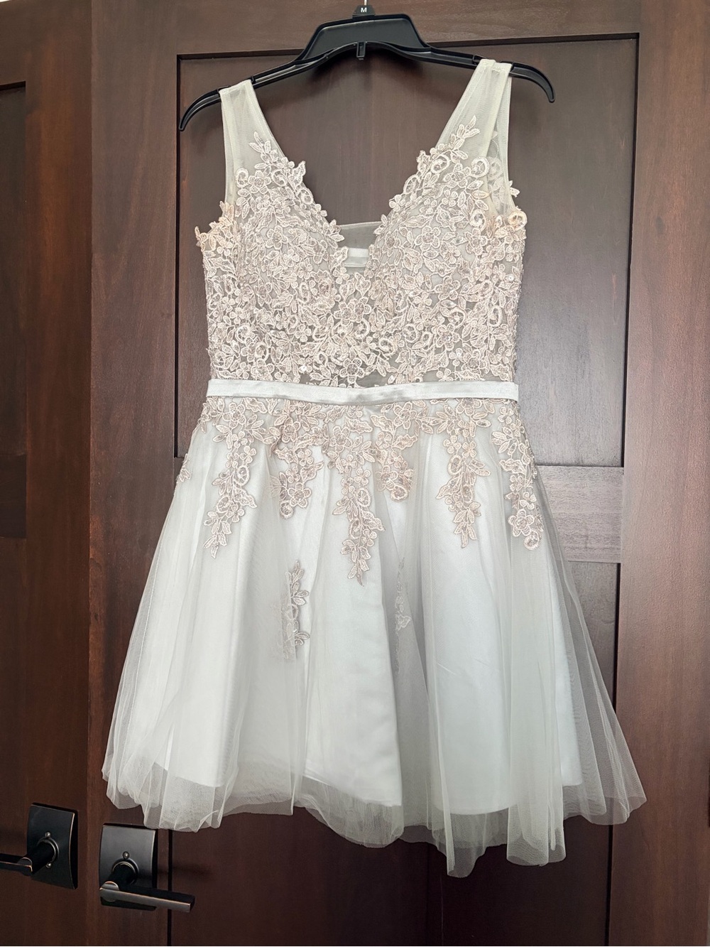 Girls Sleeveless Lace Appliqué Tulle Dress in Light Blush